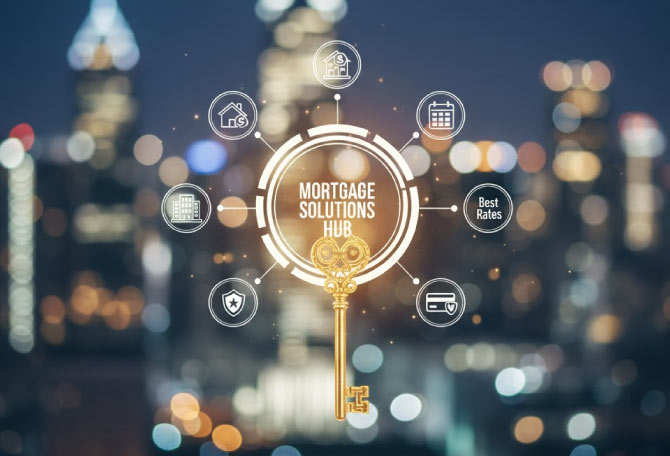"Featured image illustrating 'What is a Mortgage Broker?' with a golden key at the center of a 'Mortgage Solutions Hub' graphic, highlighting access to best rates, diverse loan products, and simplified home financing against a blurred city background