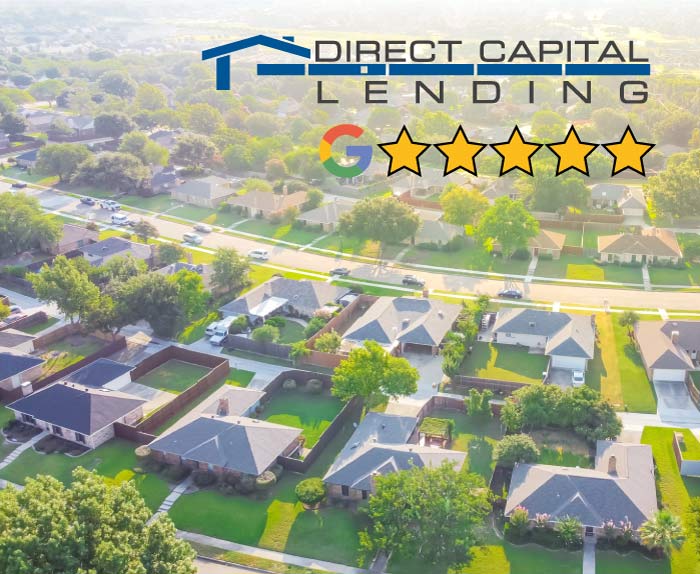 Direct Capital Lending 5-star Google review rating overlayed on an aerial view of a suburban neighborhood in the Central Valley, representing mortgage lender in lindsay, ca
