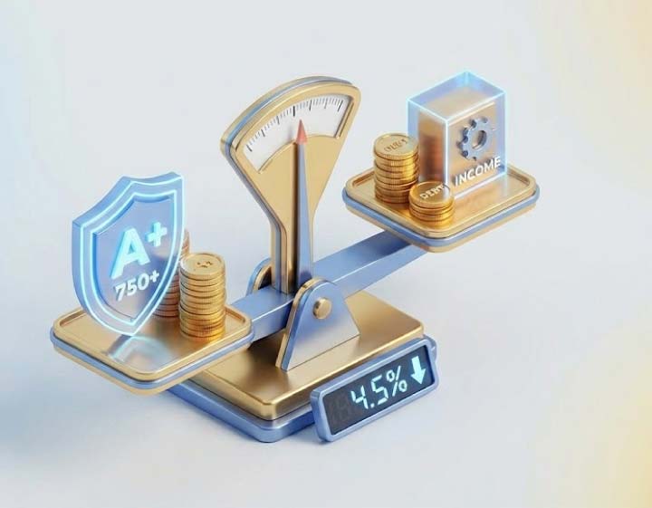 3D isometric scale weighing a high credit score and income against debt levels to illustrate how lenders determine what are the rates for a home equity loan with a 4.5 percent interest rate display.