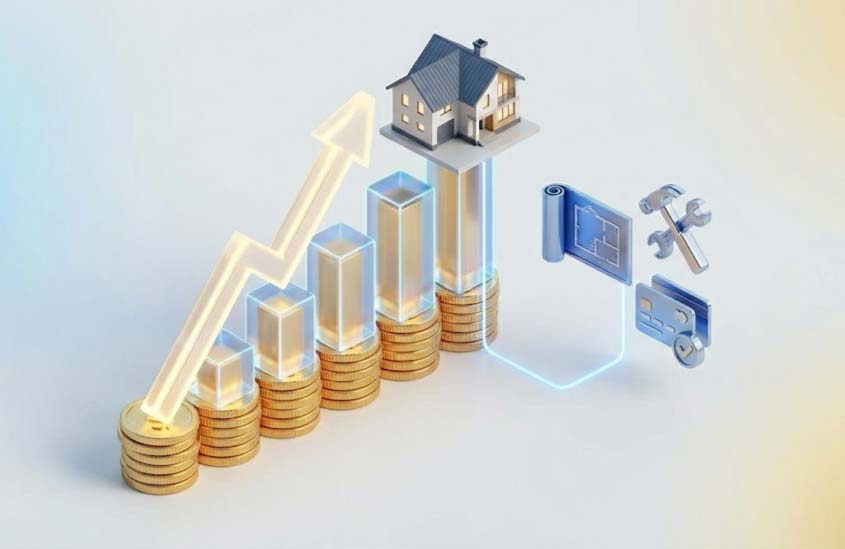 3D isometric illustration showing a residential house sitting on stacked gold coins with a rising growth chart representing how home equity increases to provide funds for renovations and debt consolidation.