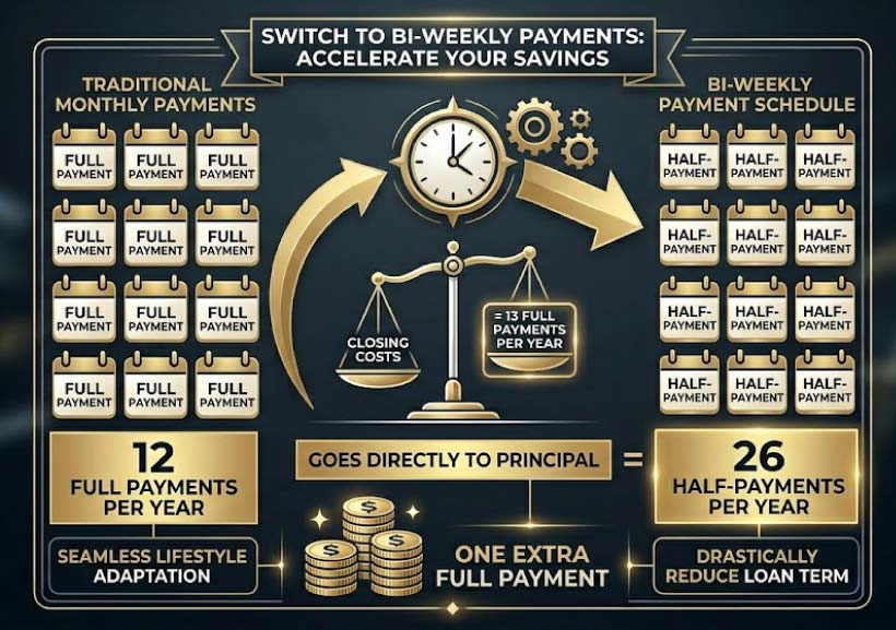 A simple but effective "hack" to reduce your mortgage term is the bi-weekly payment schedule. Instead of making one full payment every month, you pay half of your monthly obligation every two weeks.