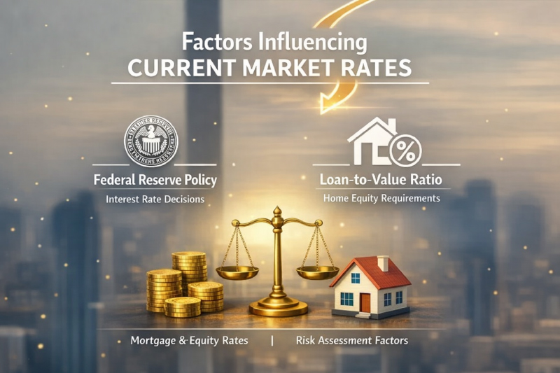 Educational financial infographic detailing the primary factors influencing current market rates for home equity loans, including Federal Reserve policy and residential loan-to-value ratios.