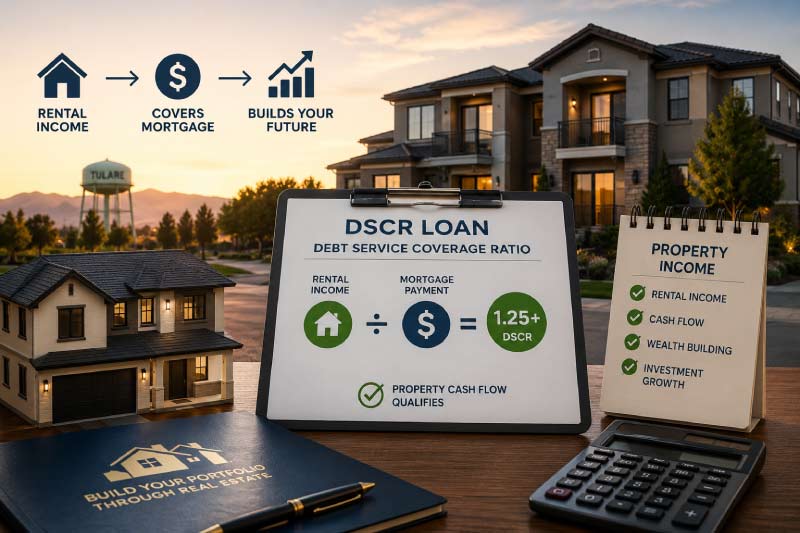 An educational infographic display on DSCR loans for real estate investors, showing how rental income covers mortgage payments to build wealth, set against a modern multifamily property background.